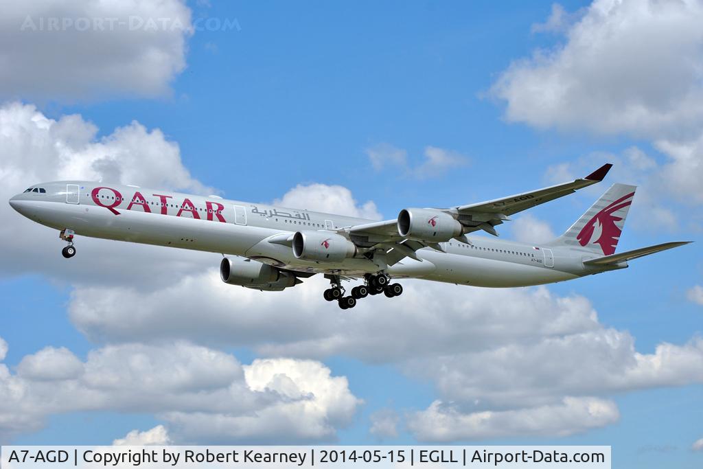 A7-AGD, 2007 Airbus A340-642X C/N 798, On short finals at LHR