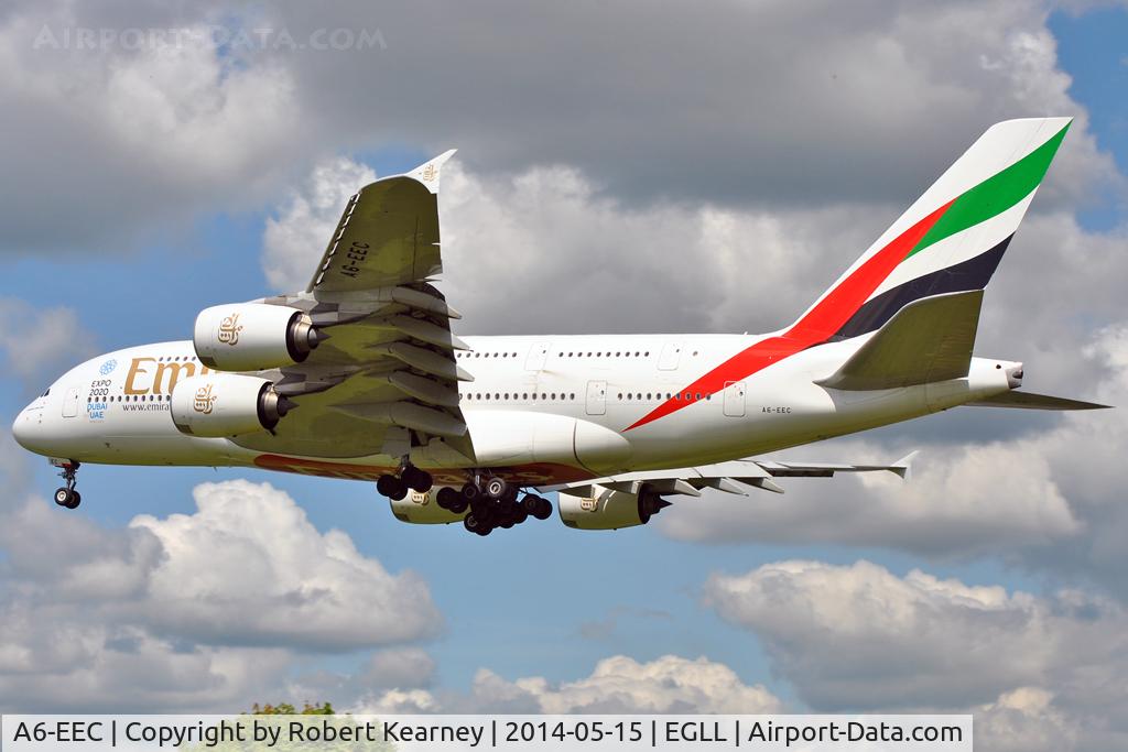A6-EEC, 2012 Airbus A380-861 C/N 110, On short finals at LHR