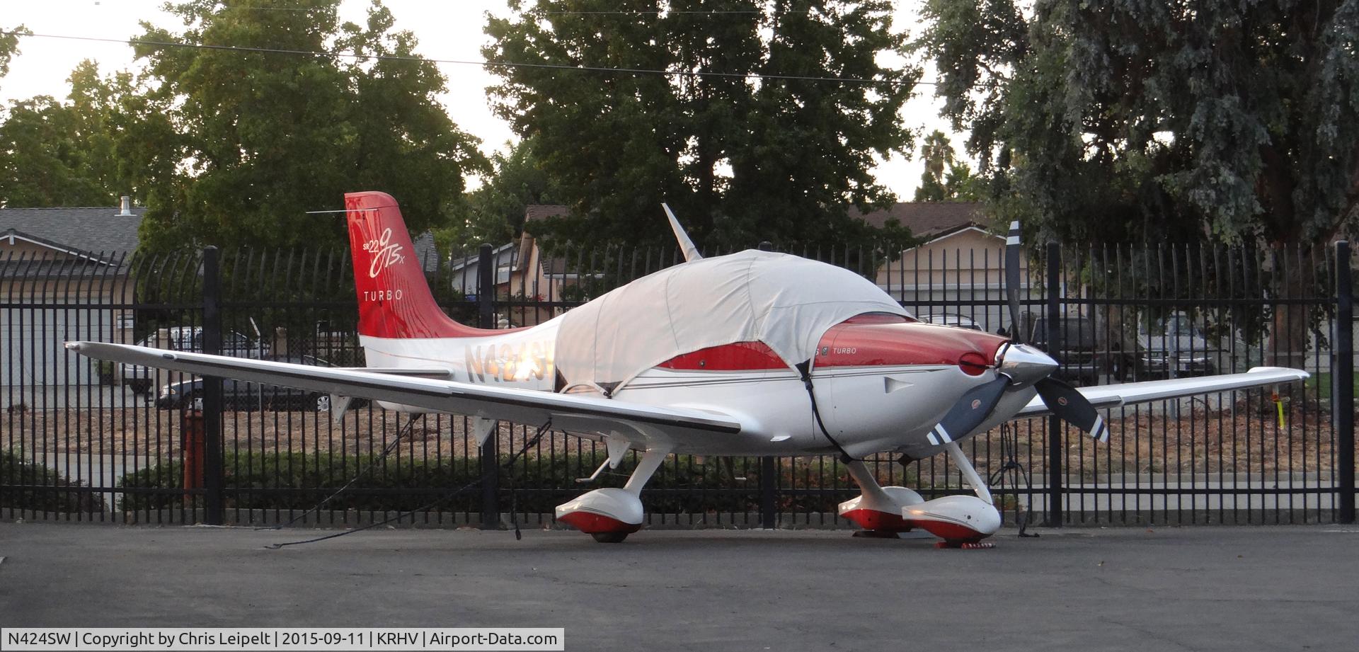 N424SW, Cirrus SR22 GTSX Turbo C/N 3380, Locally-based Cirrus SR22 GTSX Turbo getting avionics work done at Reid Hillview Airport, San Jose, CA.