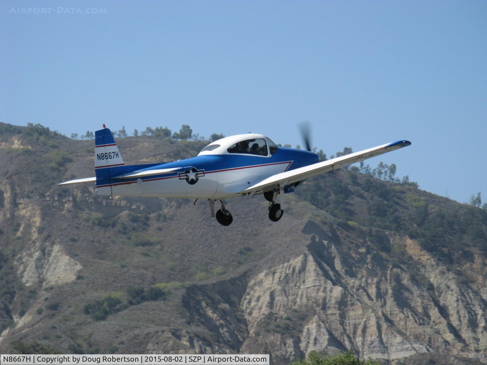 N8667H, 1947 North American Navion C/N NAV-4-667, 1947 North American NAVION, Continental IO-520 285 Hp upgrade, takeoff climb Rwy 22, gear in retraction, Young Eagles Flight