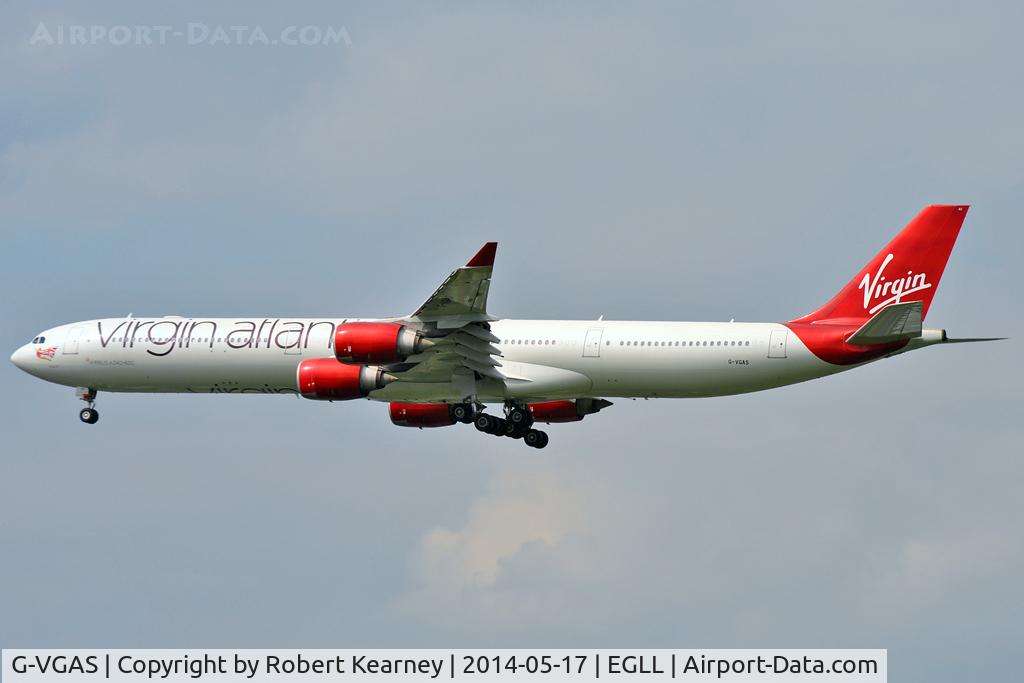 G-VGAS, 2005 Airbus A340-642 C/N 639, On short finals at LHR