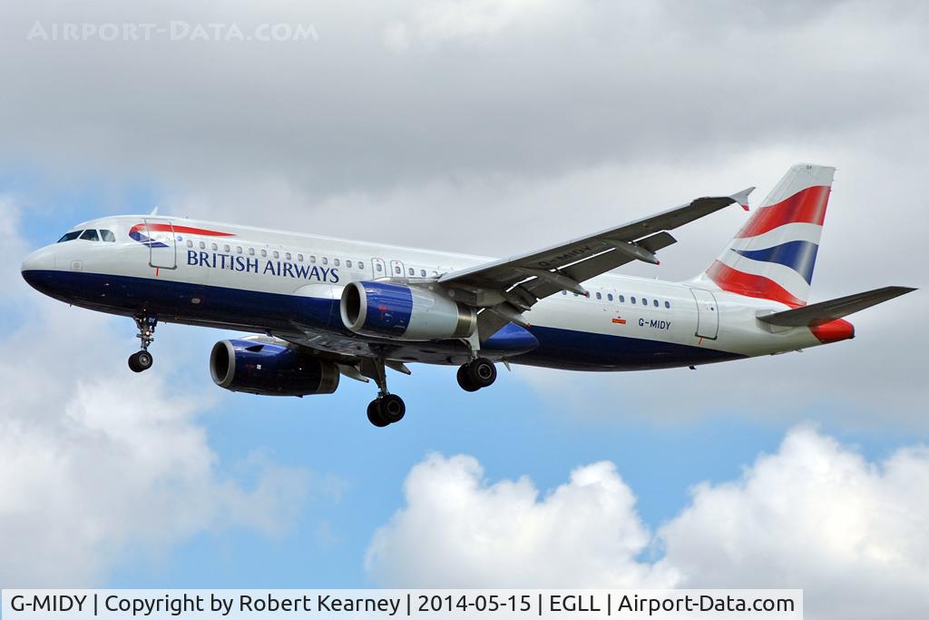 G-MIDY, 1999 Airbus A320-232 C/N 1014, On short finals at LHR