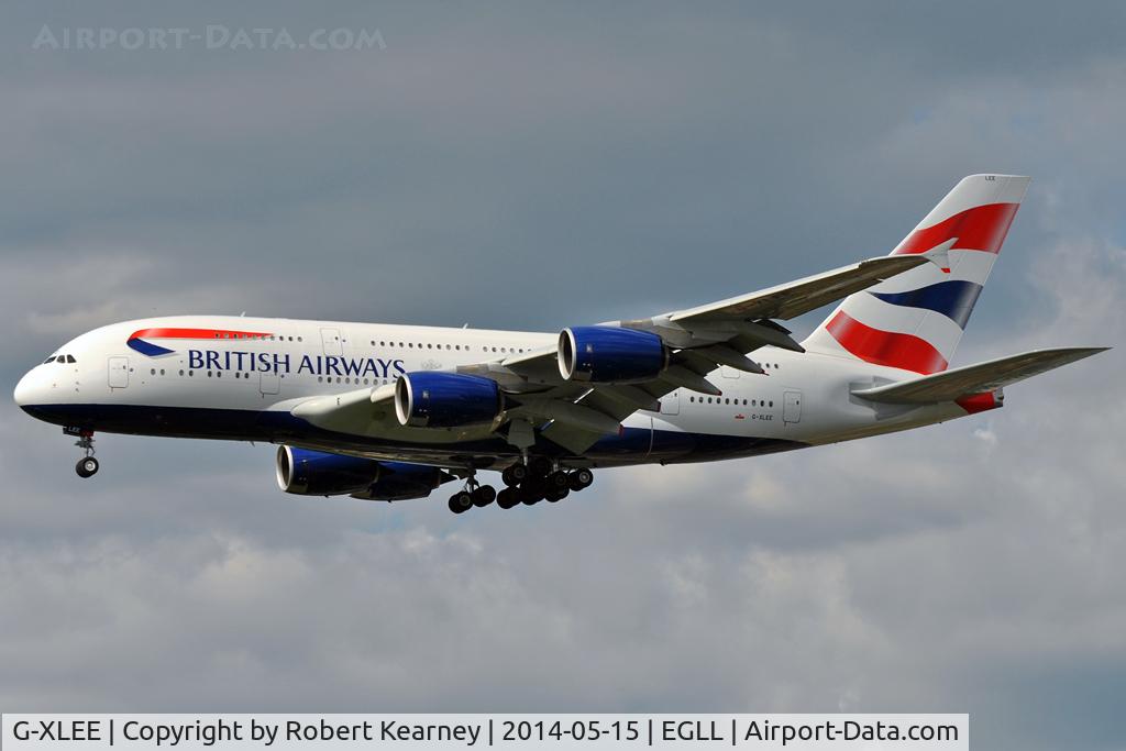 G-XLEE, 2013 Airbus A380-841 C/N 148, On short finals at LHR