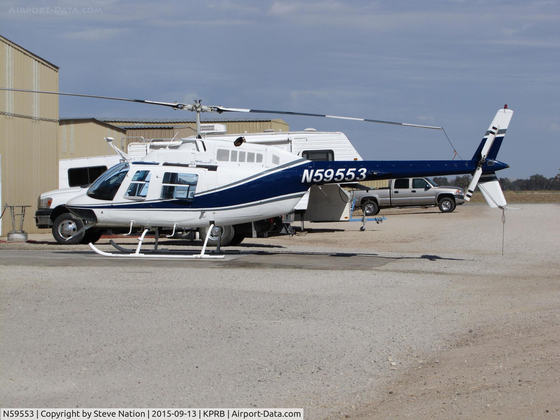 N59553, 1974 Bell 206B JetRanger C/N 1451, Sinton Helicopters 1974 Bell 206B in sharp blue + white colors @@ Paso Robles Municipal Airport, CA home base