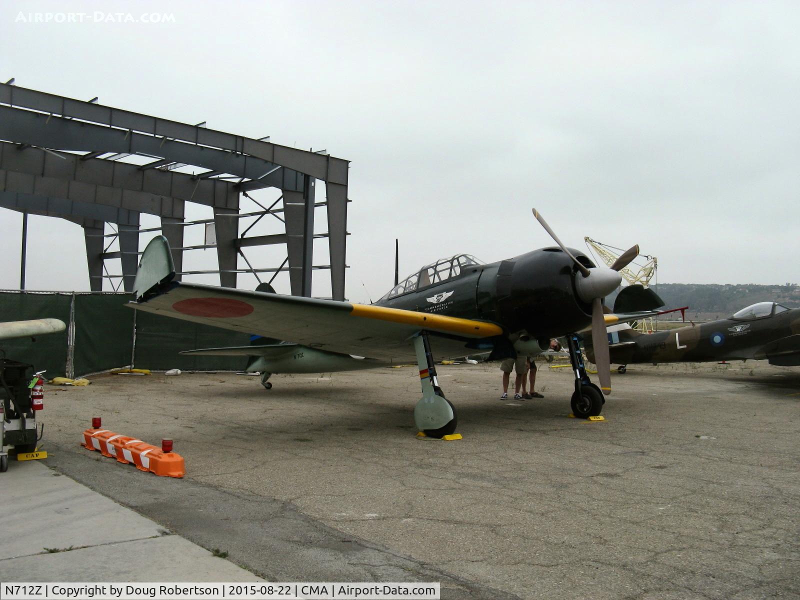 N712Z, 1942 Mitsubishi A6M3 Reisen (Zero) C/N 3869, 1942 Mitsubishi A6M3 ZERO-SEN 'ZEKE', P&W R-1830 Double Wasp 1,130 Hp radial upgrade from Nakajima Sakai 14 cylinder 2 bank radial. In background new hangar construction CAF SoCal Wing. See Airports-CMA, KCMA.