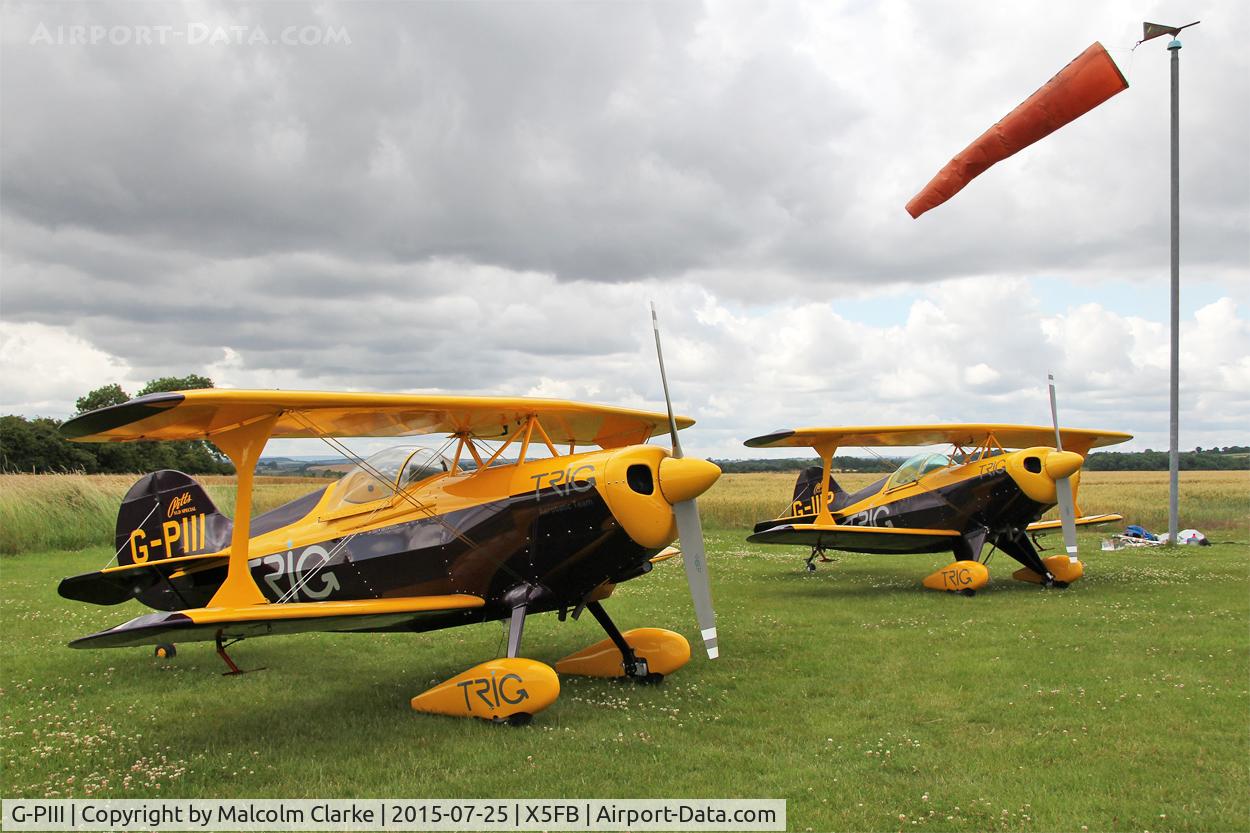 G-PIII, 1981 Pitts S-1D Special C/N PFA 009-10156, Pitts S-1D Special G-PIII and G-IIIP of the Trig Aerobatic Team, refueled and awaiting to perform at the 2015 Sunderland Air Show. Fishburn Airfield, July 25th 2015.