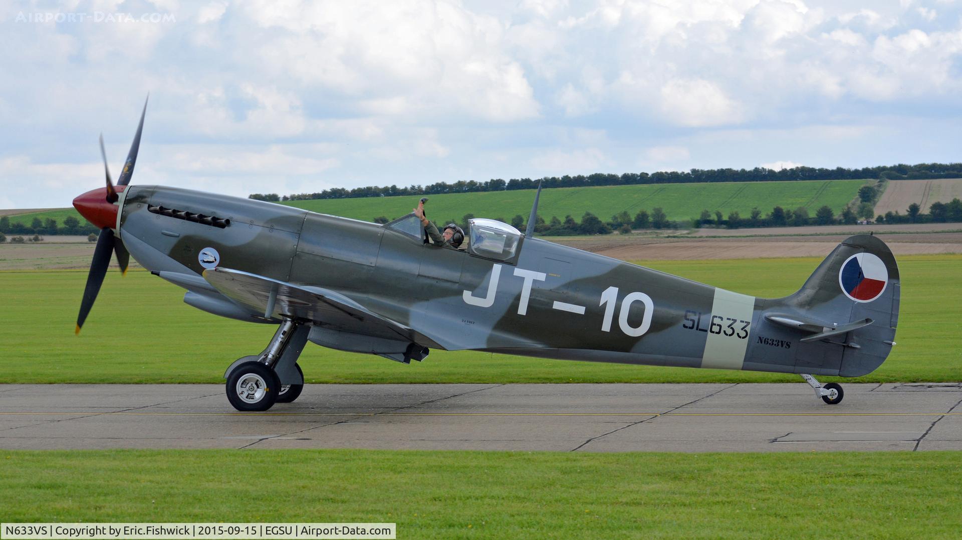 N633VS, 1945 Supermarine 361 Spitfire LF.IXe C/N CBAF.IX.571, 1. N633VS arrives, following the Battle of Britain 75th Anniversary fly past at Goodwood, 15th Sep. 2015.