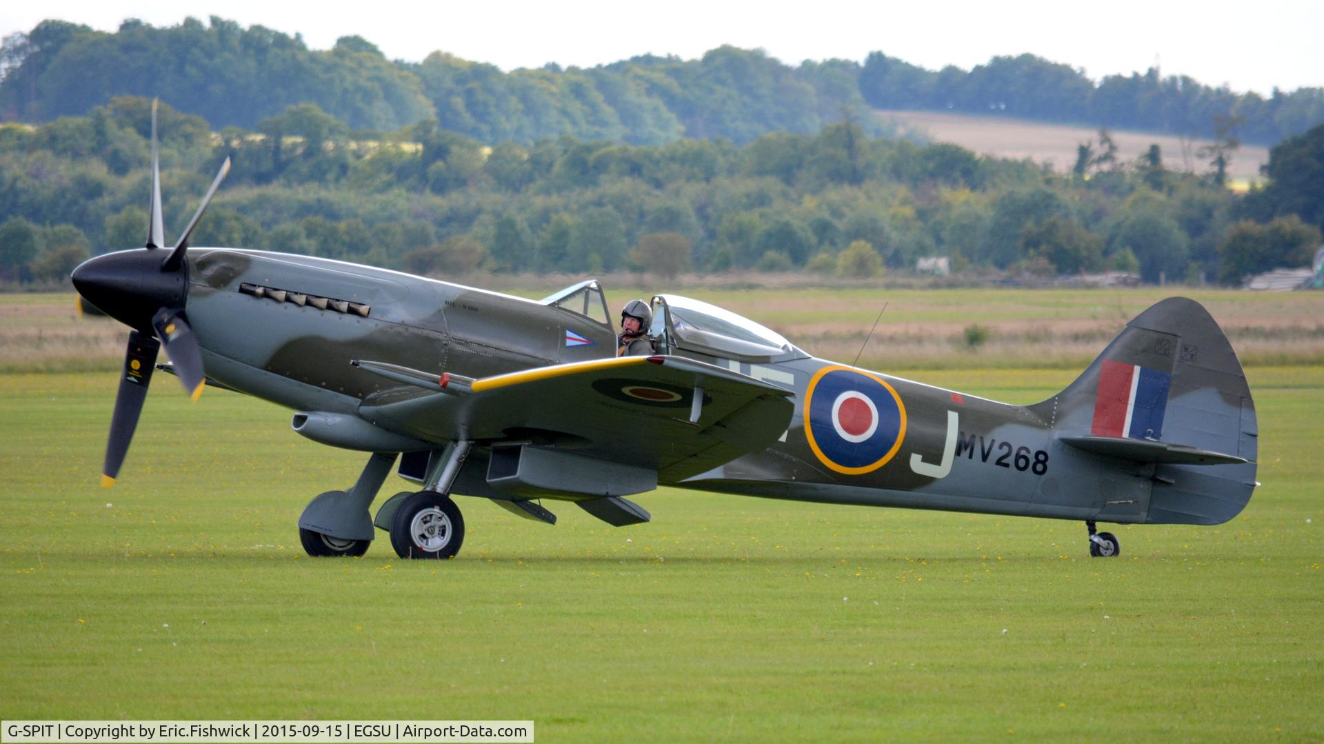 G-SPIT, 1944 Supermarine 379 Spitfire FR.XIV C/N 6S/649205, 3. MV268 arrives, following the Battle of Britain 75th Anniversary fly past at Goodwood, 15th Sep. 2015.