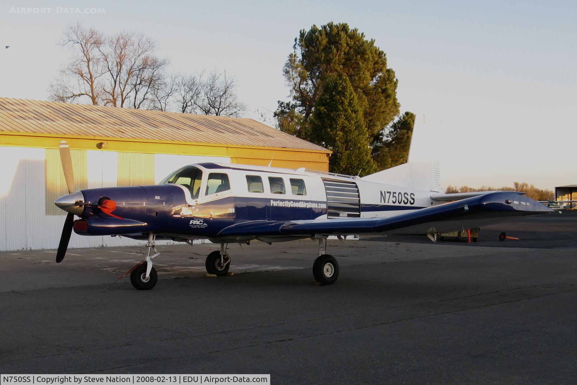 N750SS, 2005 Pacific Aerospace 750XL C/N 115, Photographed at UC Davis Airport with last rays of a February sunset this Maxim Aviation 2005 Pacific Aerospace 750XL with Perfectly Good Airplane Company titles is used for skydiving at nearby Yolo County County Airport