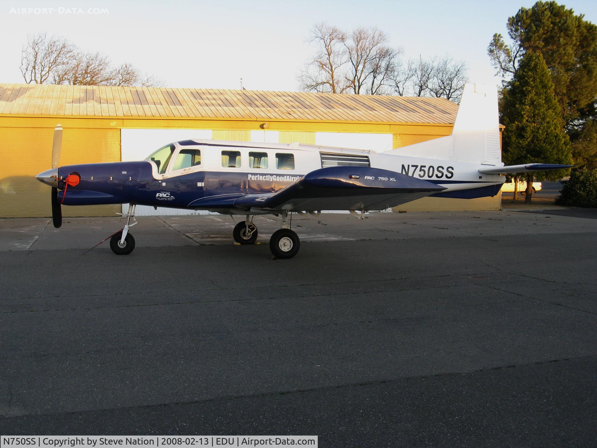 N750SS, 2005 Pacific Aerospace 750XL C/N 115, Photographed at UC Davis Airport with last rays of a February sunset this Maxim Aviation 2005 Pacific Aerospace 750XL with Perfectly Good Airplane Company titles is used for skydiving at nearby Yolo County County Airport