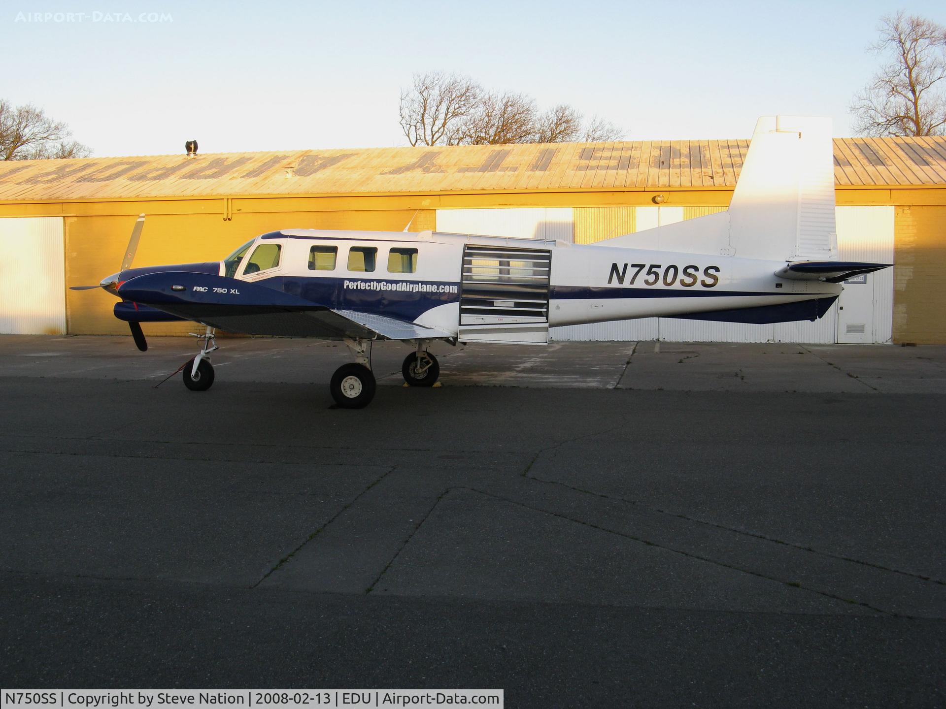 N750SS, 2005 Pacific Aerospace 750XL C/N 115, Photographed at UC Davis Airport with last rays of a February sunset this Maxim Aviation 2005 Pacific Aerospace 750XL with Perfectly Good Airplane Company titles is used for skydiving at nearby Yolo County County Airport