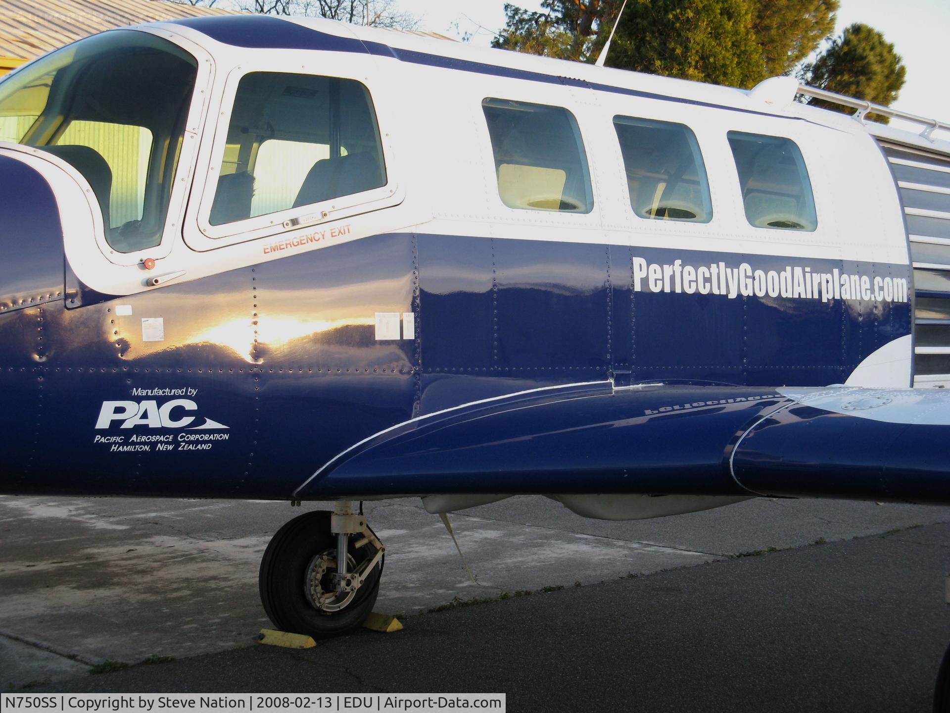 N750SS, 2005 Pacific Aerospace 750XL C/N 115, Photographed at UC Davis Airport with last rays of a February sunset this Maxim Aviation 2005 Pacific Aerospace 750XL with Perfectly Good Airplane Company titles is used for skydiving at nearby Yolo County County Airport