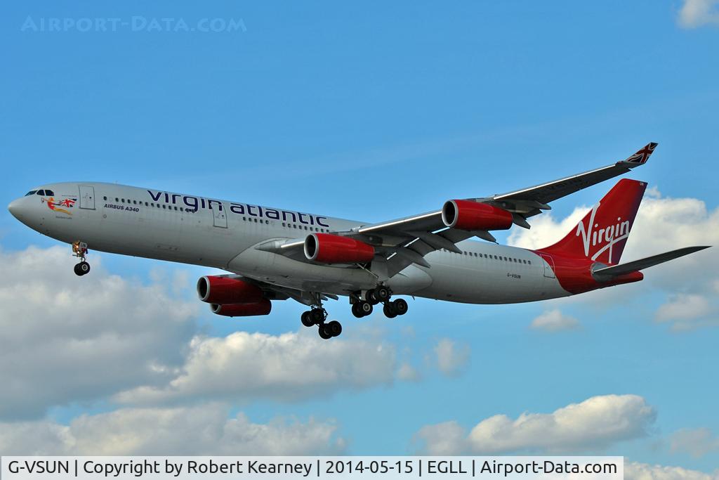 G-VSUN, 1996 Airbus A340-313 C/N 114, On short finals at LHR