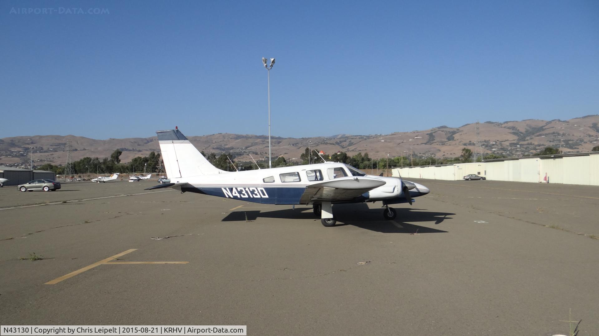 N43130, 1974 Piper PA-34-200 Seneca C/N 34-7450180, Locally-based 1974 Piper Seneca sitting at the south tie downs at Reid Hillview Airport, San Jose, CA while the Nice Air ramp gets resurfaced. This is the busiest you will ever see the south tie downs since (as upload date) there are only 11 a/c there.