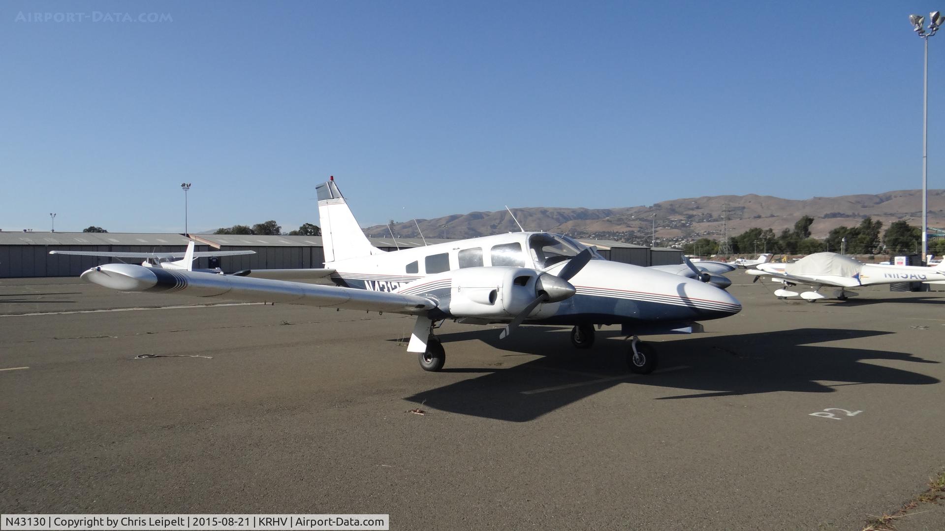 N43130, 1974 Piper PA-34-200 Seneca C/N 34-7450180, Locally-based 1974 Piper Seneca sitting at the south tie downs at Reid Hillview Airport, San Jose, CA while the Nice Air ramp gets resurfaced. This is the busiest you will ever see the south tie downs since (as upload date) there are only 11 a/c there.