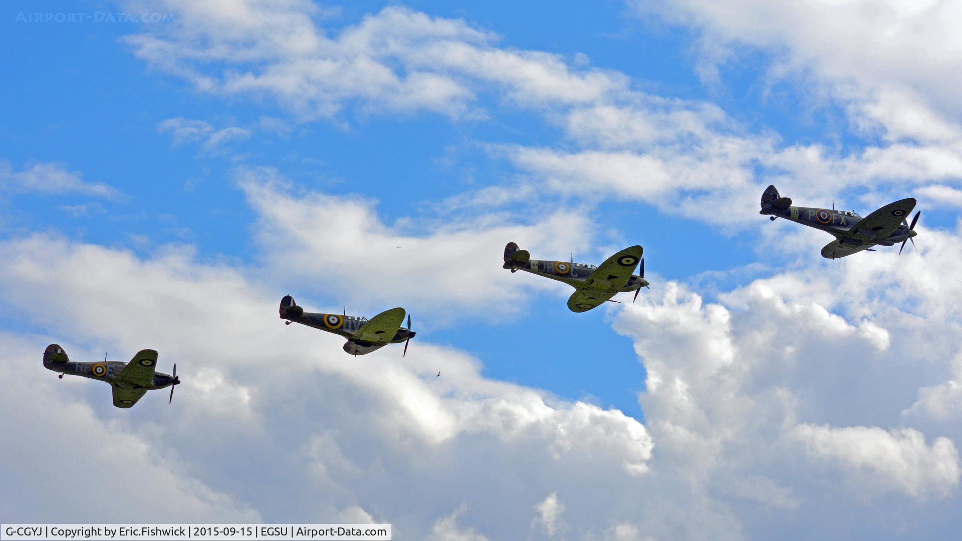 G-CGYJ, 1944 Supermarine Spitfire HFIX  (Mark IXe) C/N CBAF 10492, 45. 'Purple Section' arriving at Duxford, following the Battle of Britain 75th Anniversary fly past at Goodwood, 15th Sep. 2015.