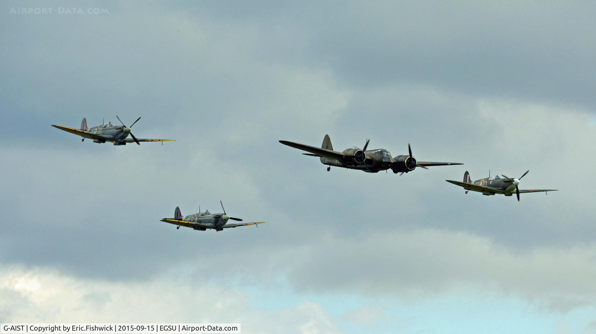 G-AIST, 1941 Supermarine 300 Spitfire Mk1A C/N WASP/20/2, 45. 'Yellow Section' arriving at Duxford, following the Battle of Britain 75th Anniversary fly past at Goodwood, 15th Sep. 2015.