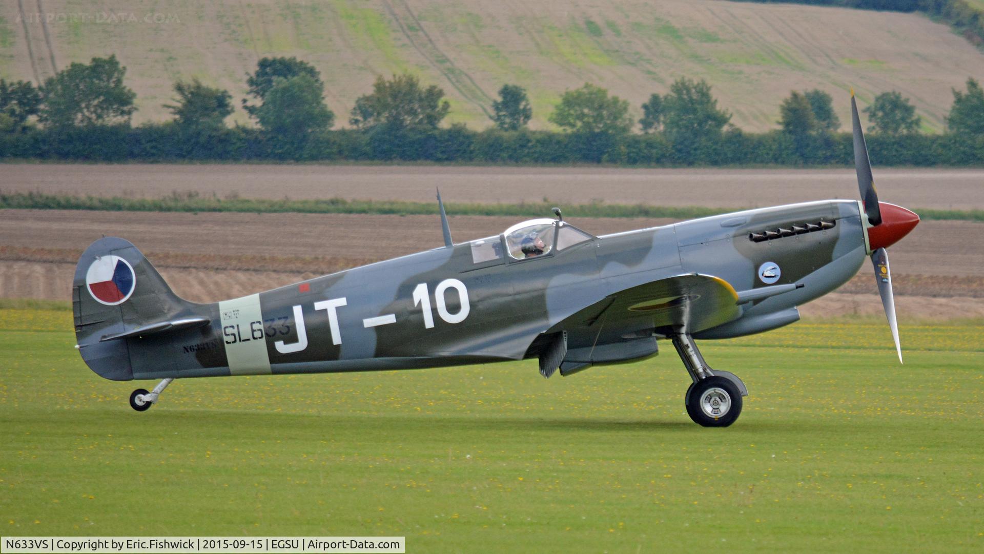 N633VS, 1945 Supermarine 361 Spitfire LF.IXe C/N CBAF.IX.571, x. N633VS arrives, following the Battle of Britain 75th Anniversary fly past at Goodwood, 15th Sep. 2015.