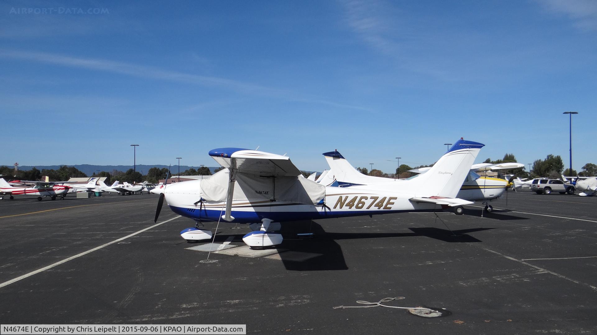 N4674E, 1982 Cessna 182R Skylane C/N 18268258, Locally-based 1982 Cessna 182R sitting at its tie down at Palo Alto Airport, Palo Alto, CA.
