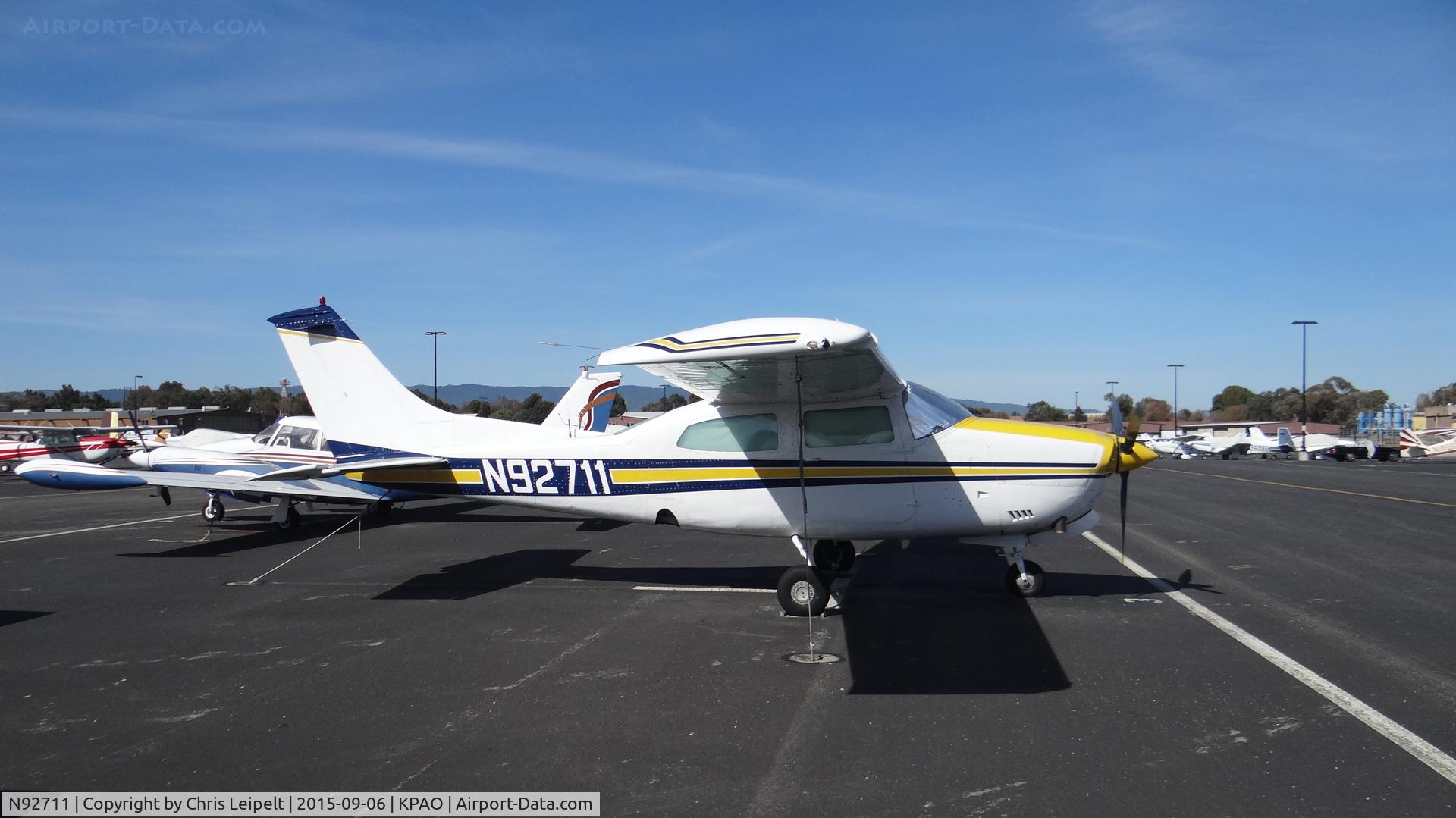 N92711, 1973 Cessna T210L Turbo Centurion C/N 21060024, Locally-based 1973 Cessna T210L sitting at its tie down at Palo Alto Airport, Palo Alto, CA.