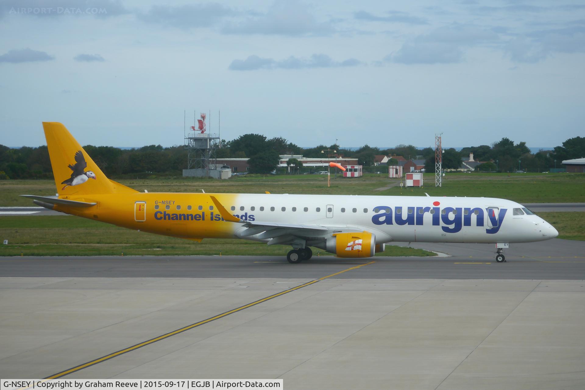 G-NSEY, 2014 Embraer 195STD (ERJ-190-200STD) C/N 19000671, About to depart from Guernsey.