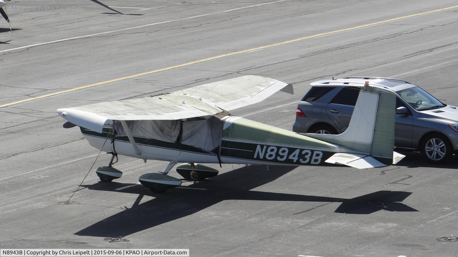 N8943B, 1958 Cessna 172 C/N 36643, Locally-based 1958 Cessna 172 sitting at its tie down at Palo Alto Airport, Palo Alto, CA. Photo taken from the control tower.