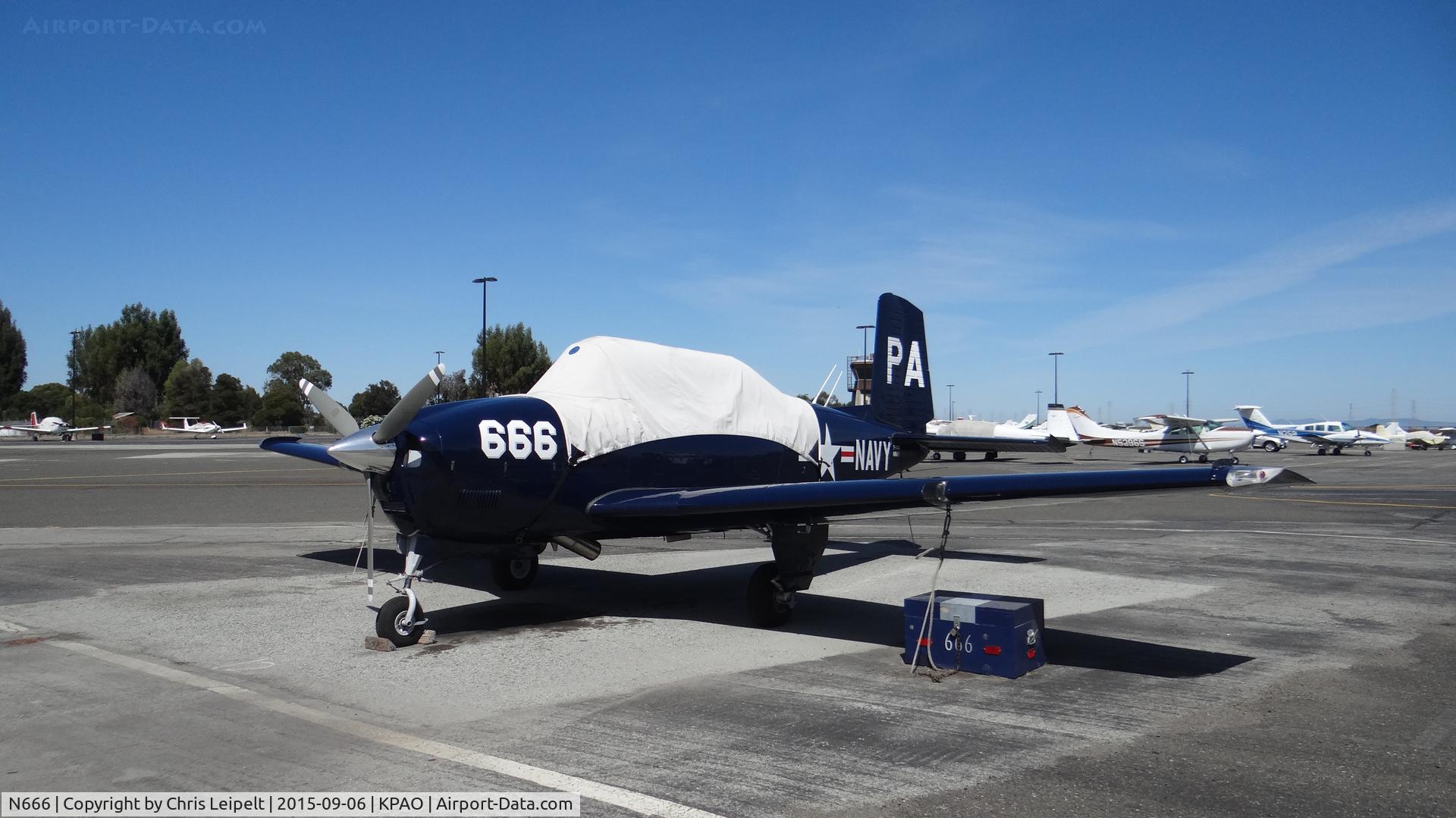 N666, 1958 Beech A45 C/N GM-141, Highly modified 1958 Beechcraft A45 sitting at its tie down at Palo Alto Airport, Palo Alto, CA. This is the only N666 is the world, as supposedly the pilot nearly killed himself in this plane a few months ago, which a ironic because of 