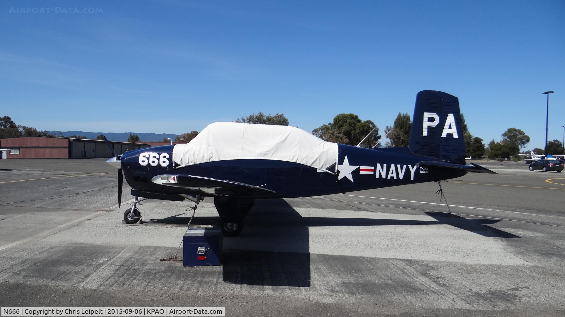 N666, 1958 Beech A45 C/N GM-141, Highly modified 1958 Beechcraft A45 sitting at its tie down at Palo Alto Airport, Palo Alto, CA. This is the only N666 is the world, as supposedly the pilot nearly killed himself in this plane a few months ago, which a ironic because of 