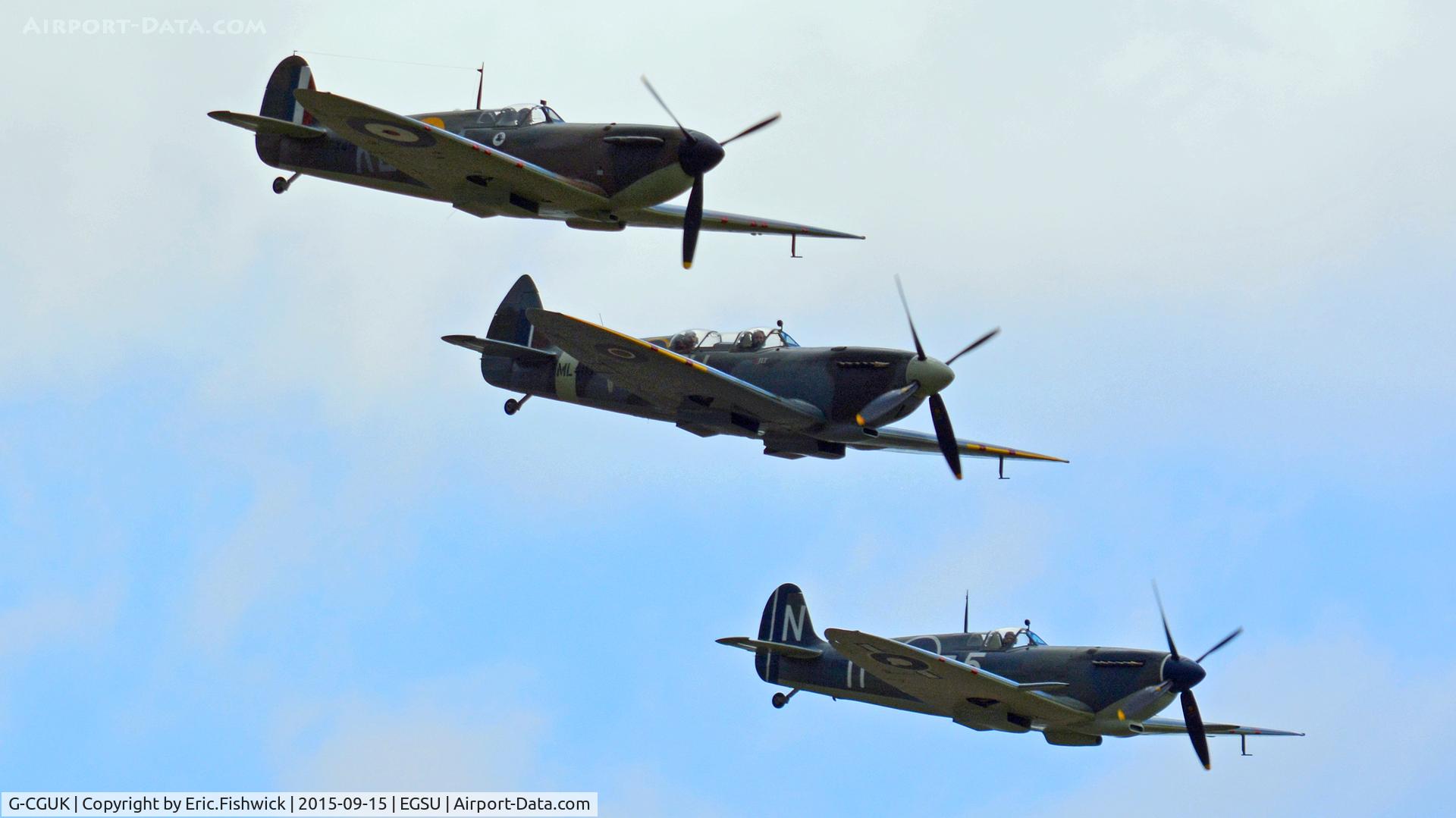 G-CGUK, 1940 Supermarine 300 Spitfire Mk1A C/N 6S-75531, 45. 'Orange Section' arriving at Duxford, following the Battle of Britain 75th Anniversary fly past at Goodwood, 15th Sep. 2015