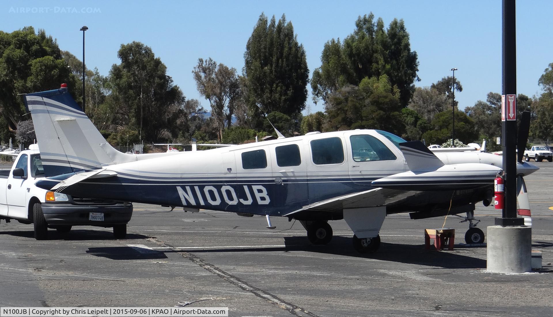 N100JB, 1984 Beech A36 Bonanza 36 C/N E-2203, Locally-based 1984 Beechcraft A36 (turbine model) sitting at its tie down at Palo Alto Airport, Palo Alto, CA.