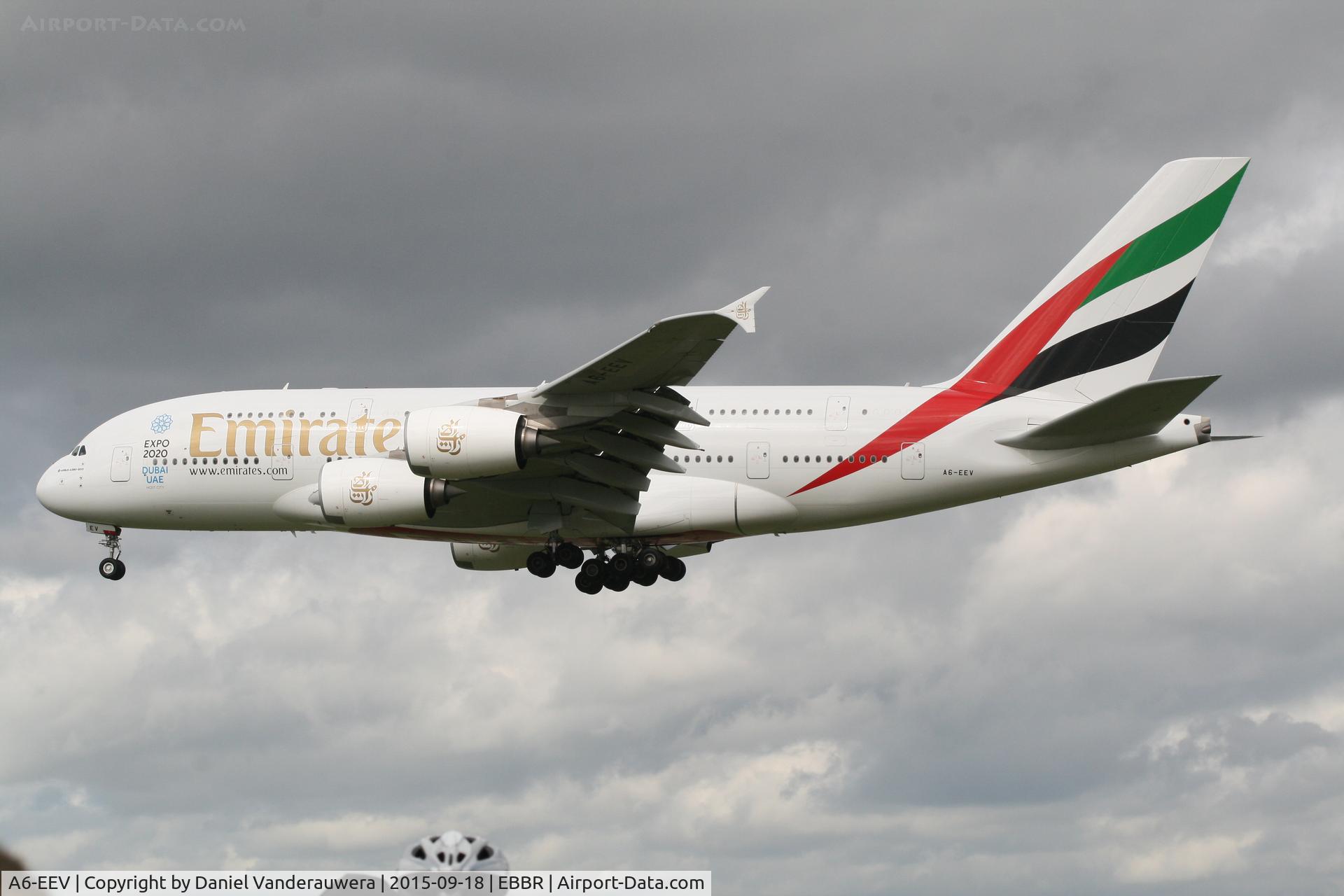 A6-EEV, 2013 Airbus A380-861 C/N 150, Flight EK183 is descending to RWY 25L  -  First time in BRU