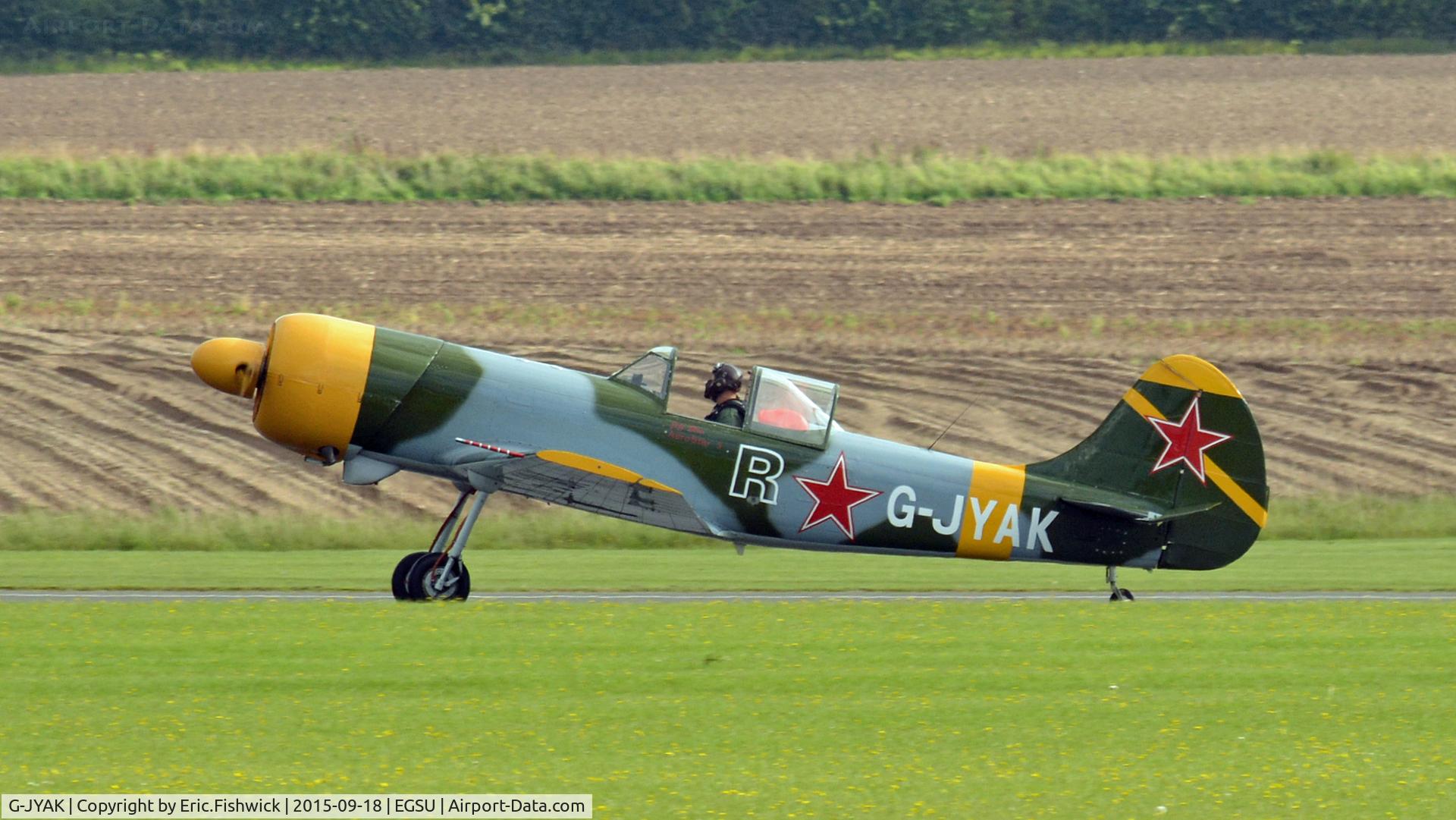G-JYAK, 1985 Yakovlev Yak-50 C/N 853001, 1. G-JYAK arriving on the eve of The Battle of Britain (75th.) Anniversary Air Show, Sept. 2015.