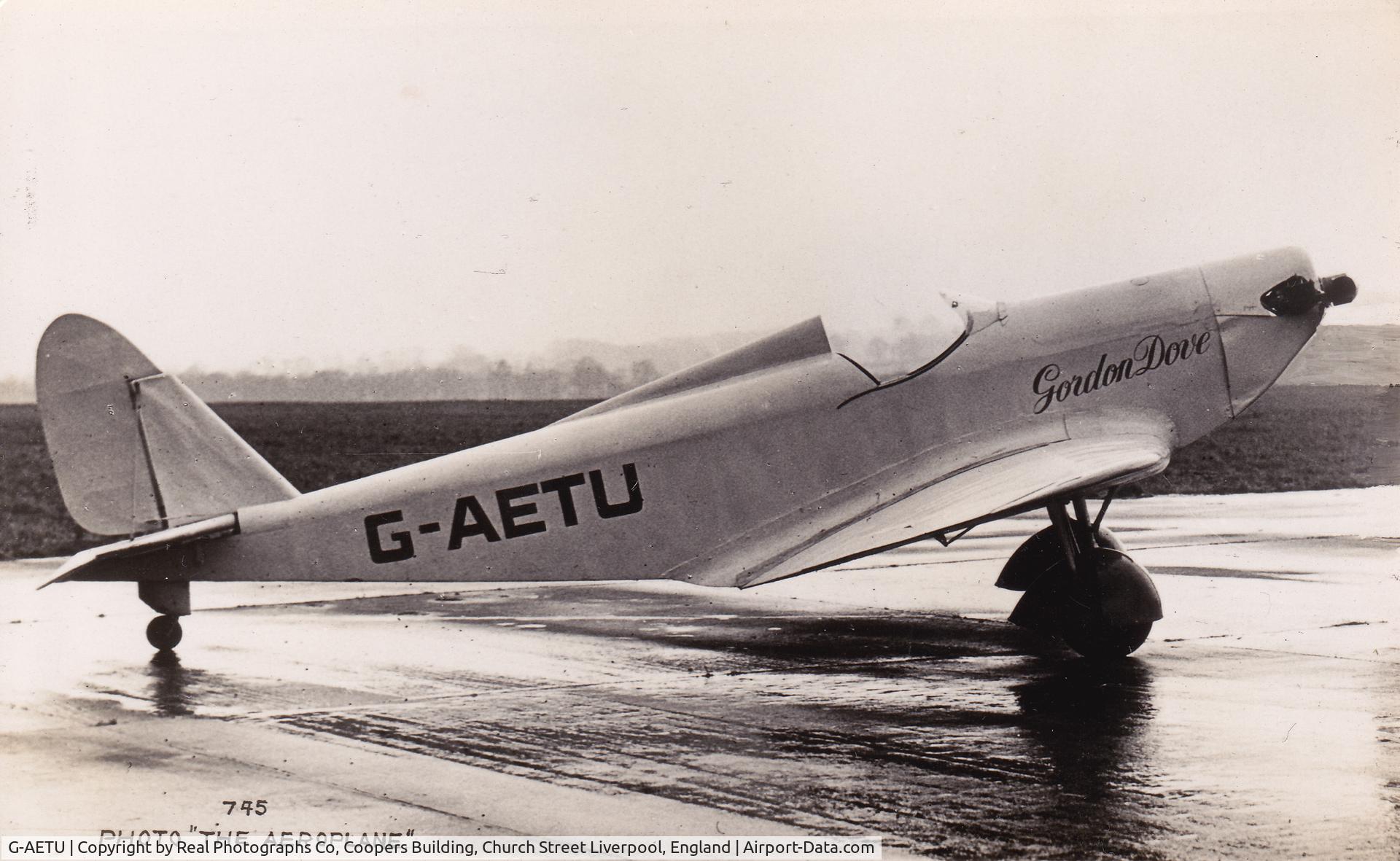 G-AETU, Premier Aircraft Constructions Ltd GORDON DOVE C/N SCB3, Taken from an original postcard produced by the REAL PHOTOGRAPHS CO. Liverpool, England