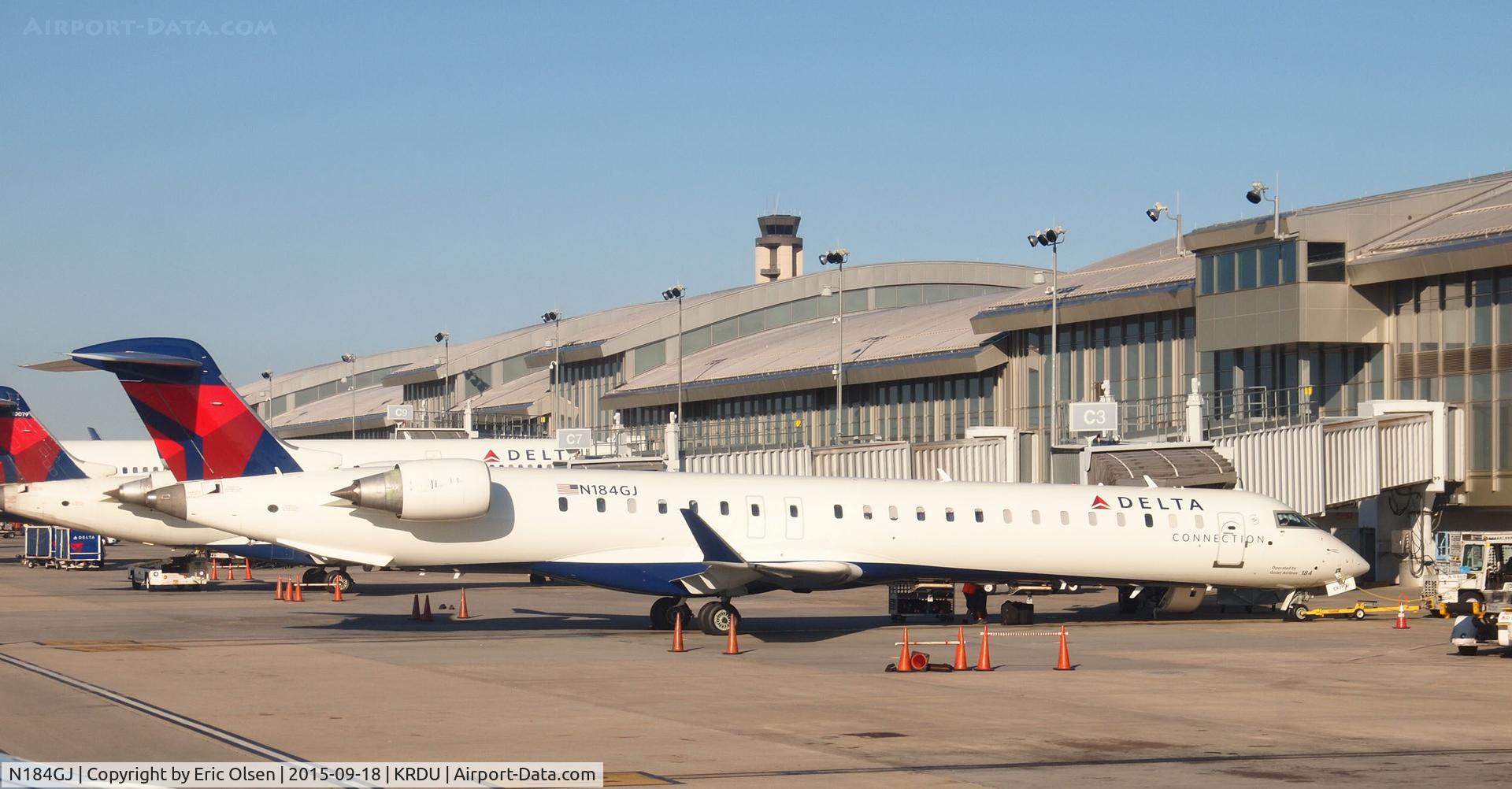 N184GJ, 2008 Bombardier CRJ-900 (CL-600-2D24) C/N 15169, Bombardier at the gate at the Raleigh-Durham Airport.