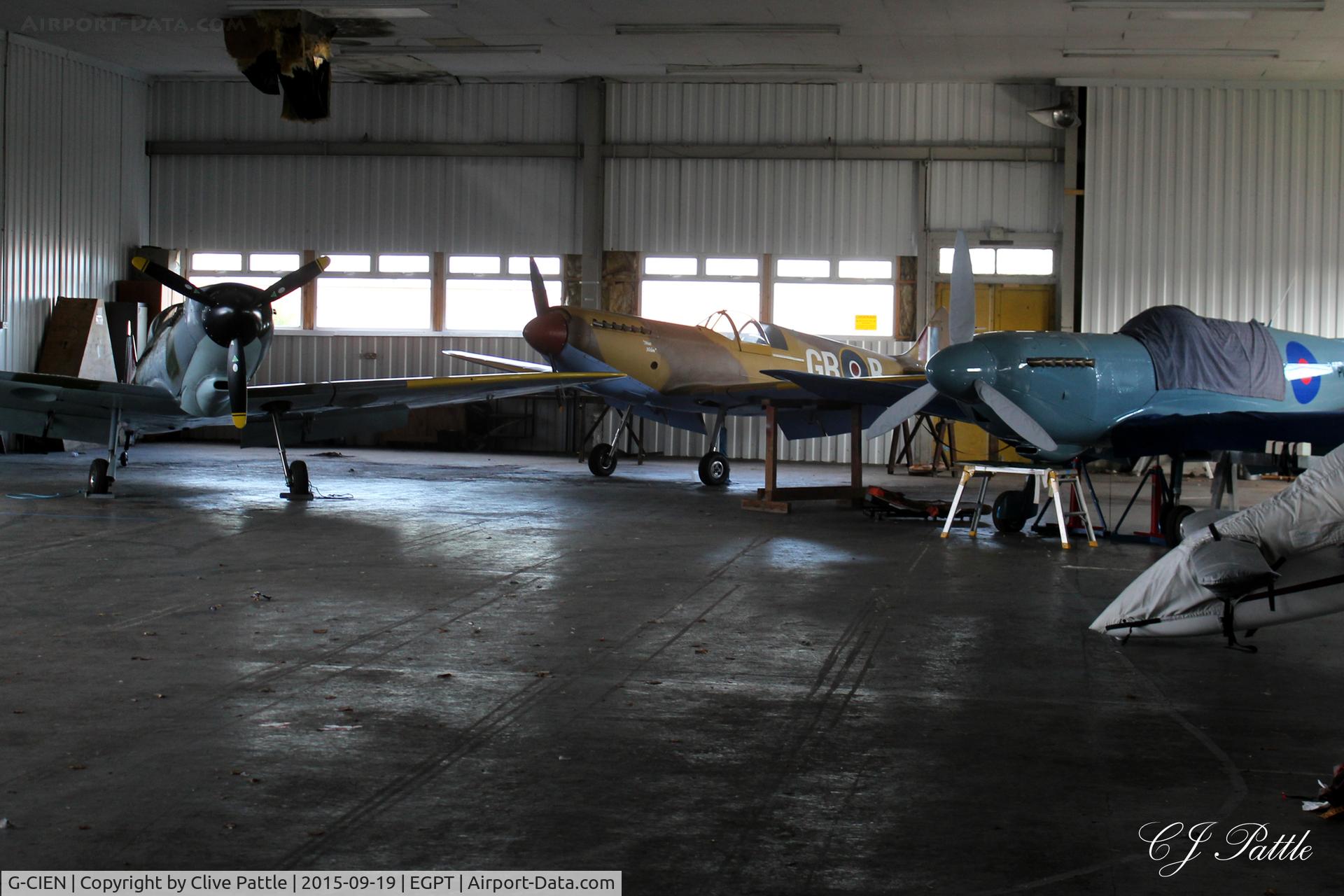 G-CIEN, 2014 Supermarine Aircraft Spitfire Mk.26 C/N PFA 324-14492, Picture on right with Perth EGPT stablemates VH-IJH (L) and G-RORB (centre) cosy in their hangar.