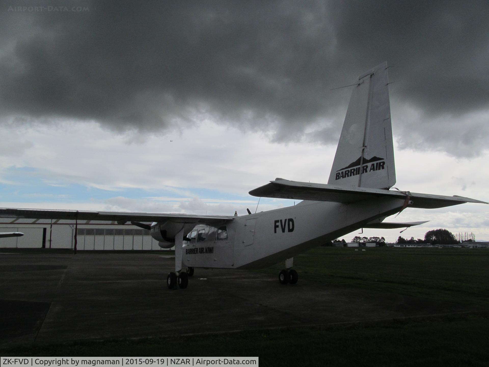 ZK-FVD, 1973 Britten-Norman BN-2A-26 Islander C/N 316, dark clouds over Ardmore - new airline titles