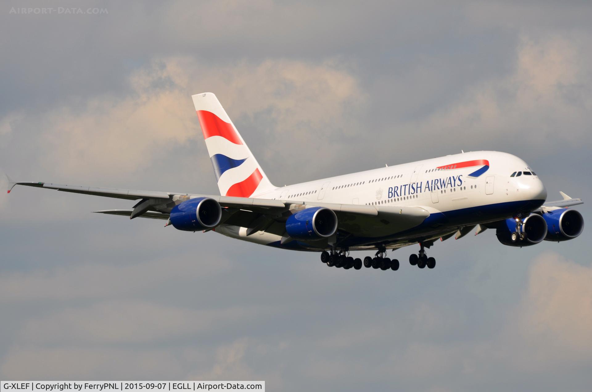 G-XLEF, 2013 Airbus A380-841 C/N 151, BA A388 arriving at home base.
