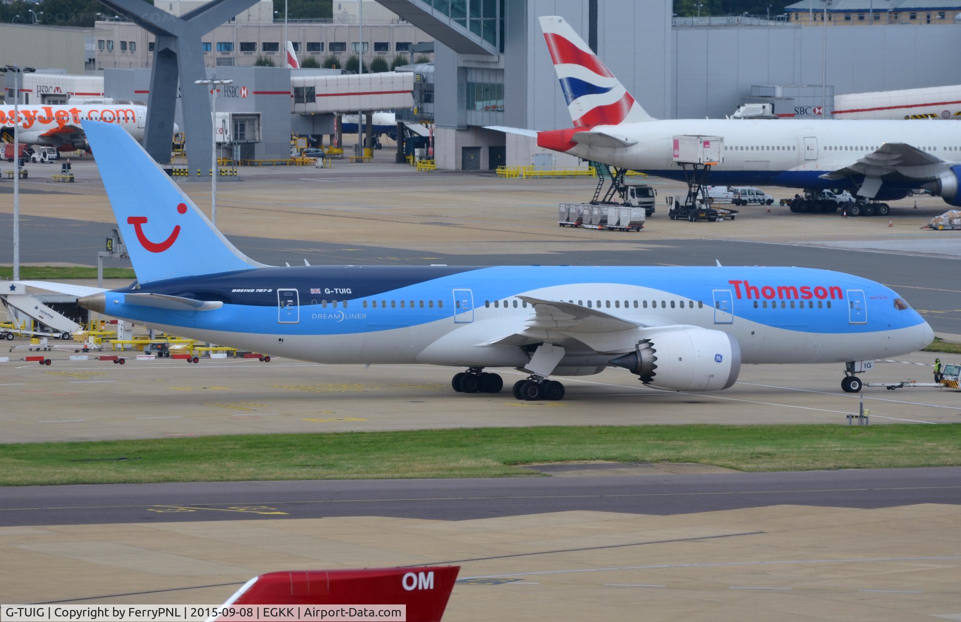 G-TUIG, 2015 Boeing 787-8 Dreamliner C/N 36426, Thomson B788 pushed-back for its next flight.