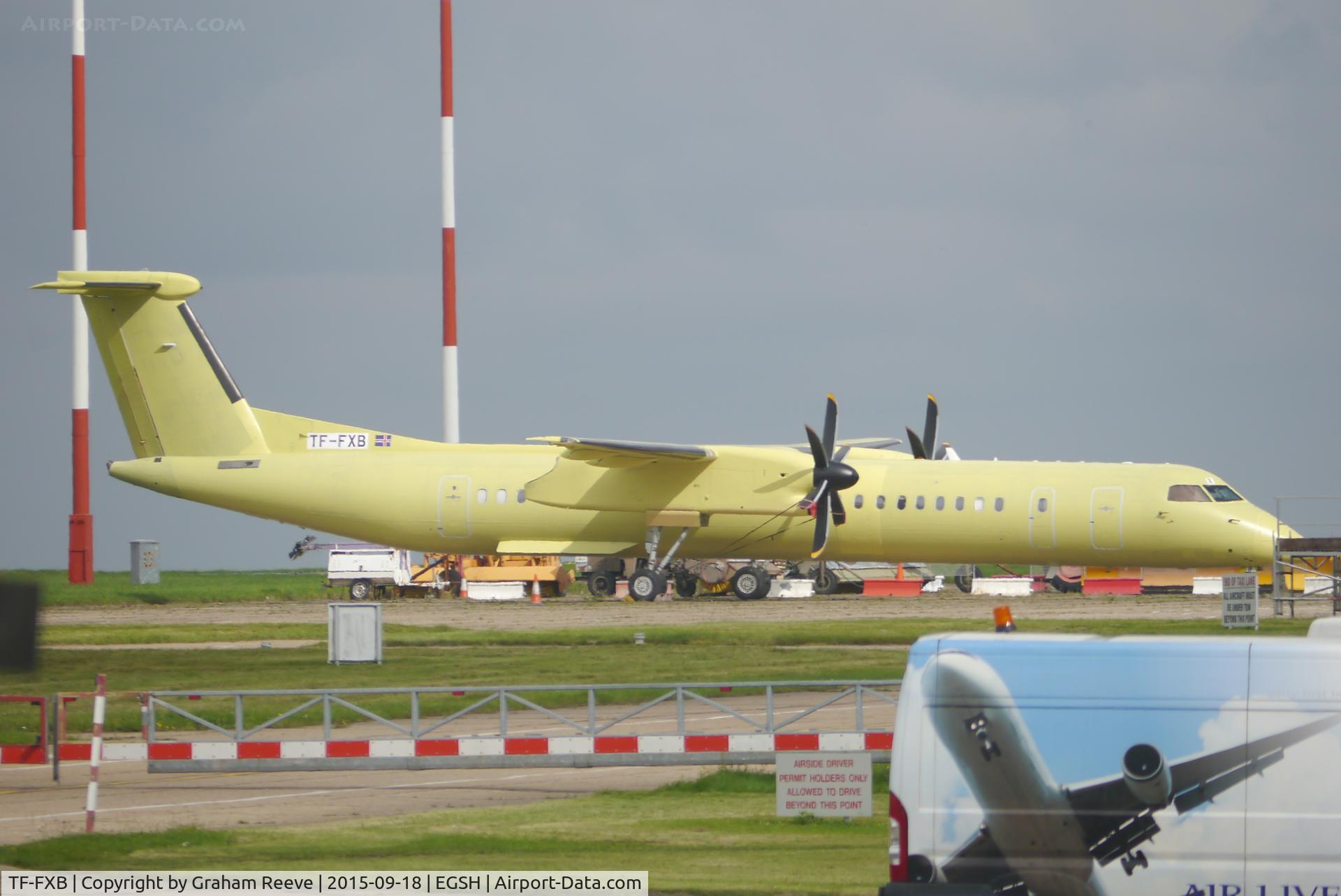 TF-FXB, 2001 De Havilland Canada DHC-8-402Q Dash 8 C/N 4038, Parked at Norwich.