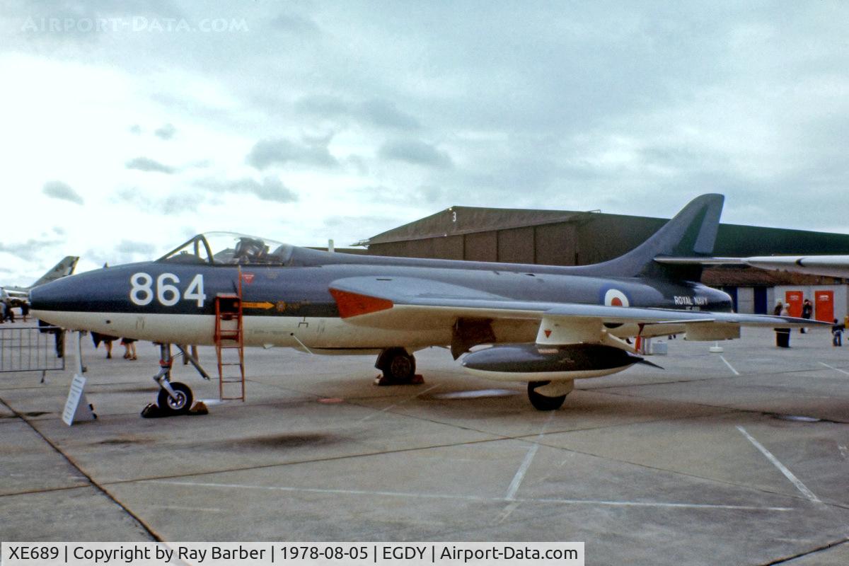 XE689, 1955 Hawker Hunter GA.11 C/N HABL-003032, Hawker Hunter GA.11 [HABL003032] (Royal Navy) RNAS Yeovilton~G 05/08/1978. From a slide>