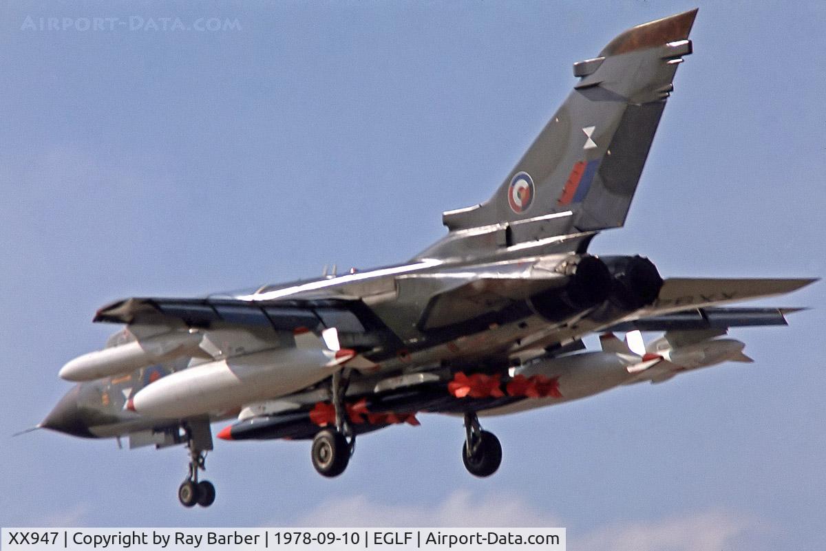 XX947, 1975 Panavia Tornado GR.1 C/N P.03, BAe/Panavia Tornado IDS [P.03] (Royal Air Force) Farnborough~G 10/09/1978. From a slide.