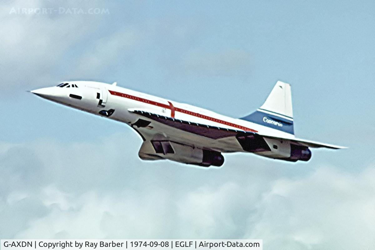 G-AXDN, 1968 Aerospatiale-BAC Concorde Prototype C/N 01/13522, BAC/SUD Concorde [01] (British Aircraft Corporation) Farnborough~G 08/09/1974. From a slide.