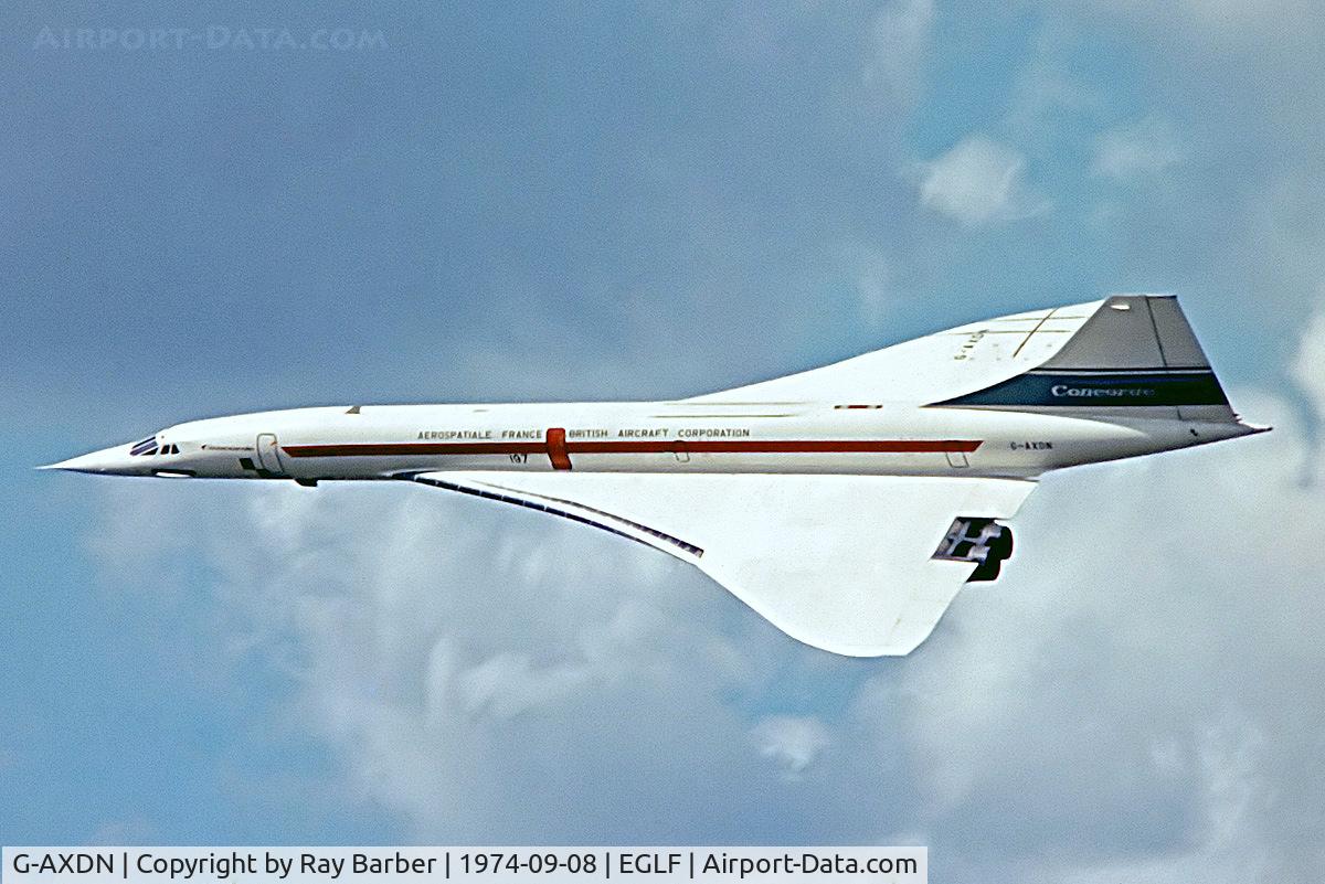 G-AXDN, 1968 Aerospatiale-BAC Concorde Prototype C/N 01/13522, BAC/SUD Concorde [01] (British Aircraft Corporation) Farnborough~G 08/09/1974. From a slide.