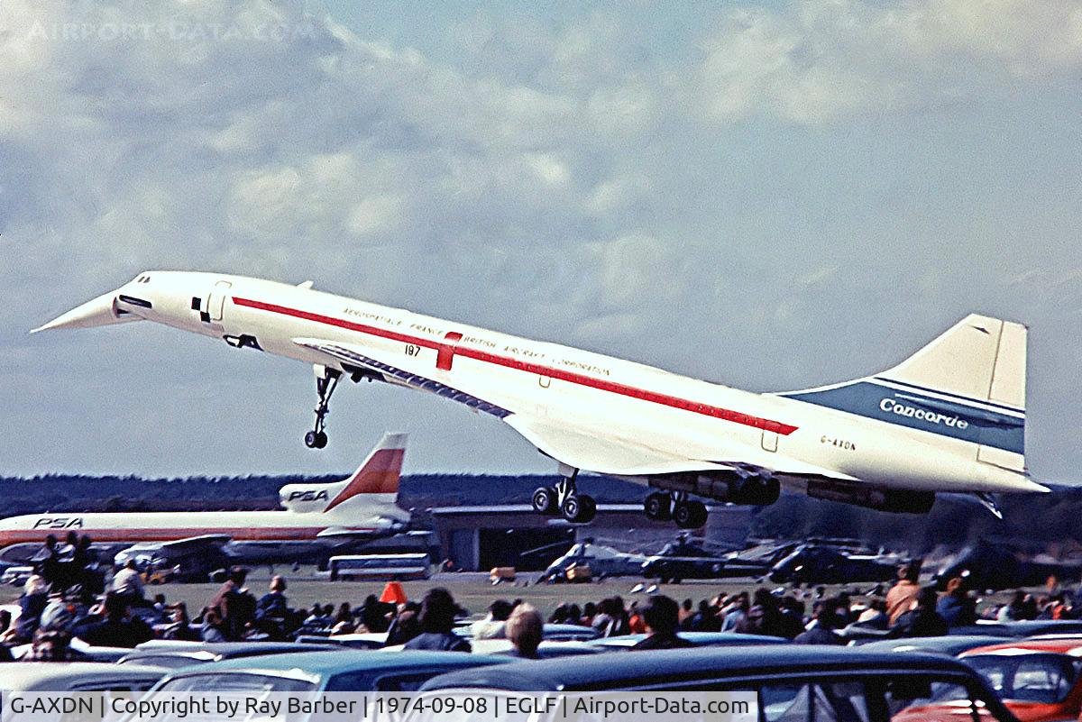 G-AXDN, 1968 Aerospatiale-BAC Concorde Prototype C/N 01/13522, BAC/SUD Concorde [01] (British Aircraft Corporation) Farnborough~G 08/09/1974. From a slide.