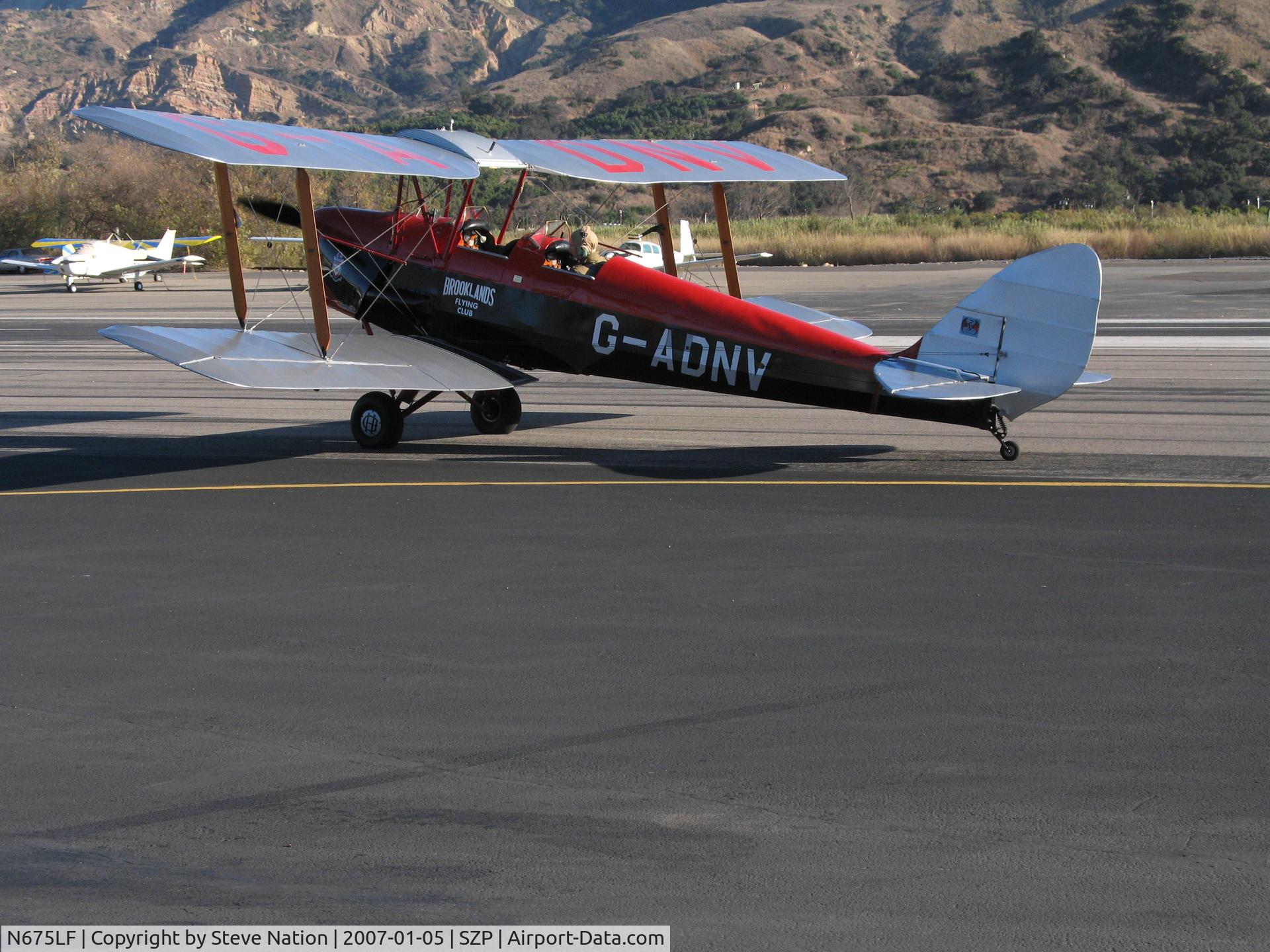 N675LF, 1944 De Havilland DH-82A Tiger Moth II C/N 86572, Locally-Based 1944 DH-82A Tiger Moth also carrying Brooklands Aero Club titles and G-ANDV registration taxiing @ Santa Paula Airport, CA