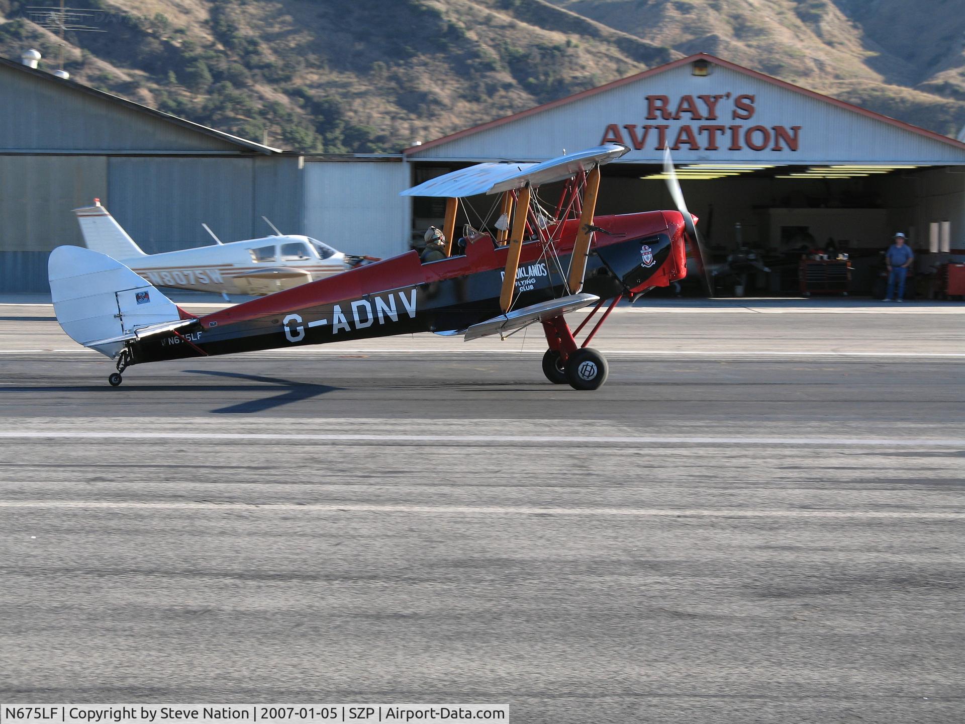 N675LF, 1944 De Havilland DH-82A Tiger Moth II C/N 86572, Locally-Based 1944 DH-82A Tiger Moth also carrying Brooklands Aero Club titles and G-ANDV registration taking off @ Santa Paula Airport, CA