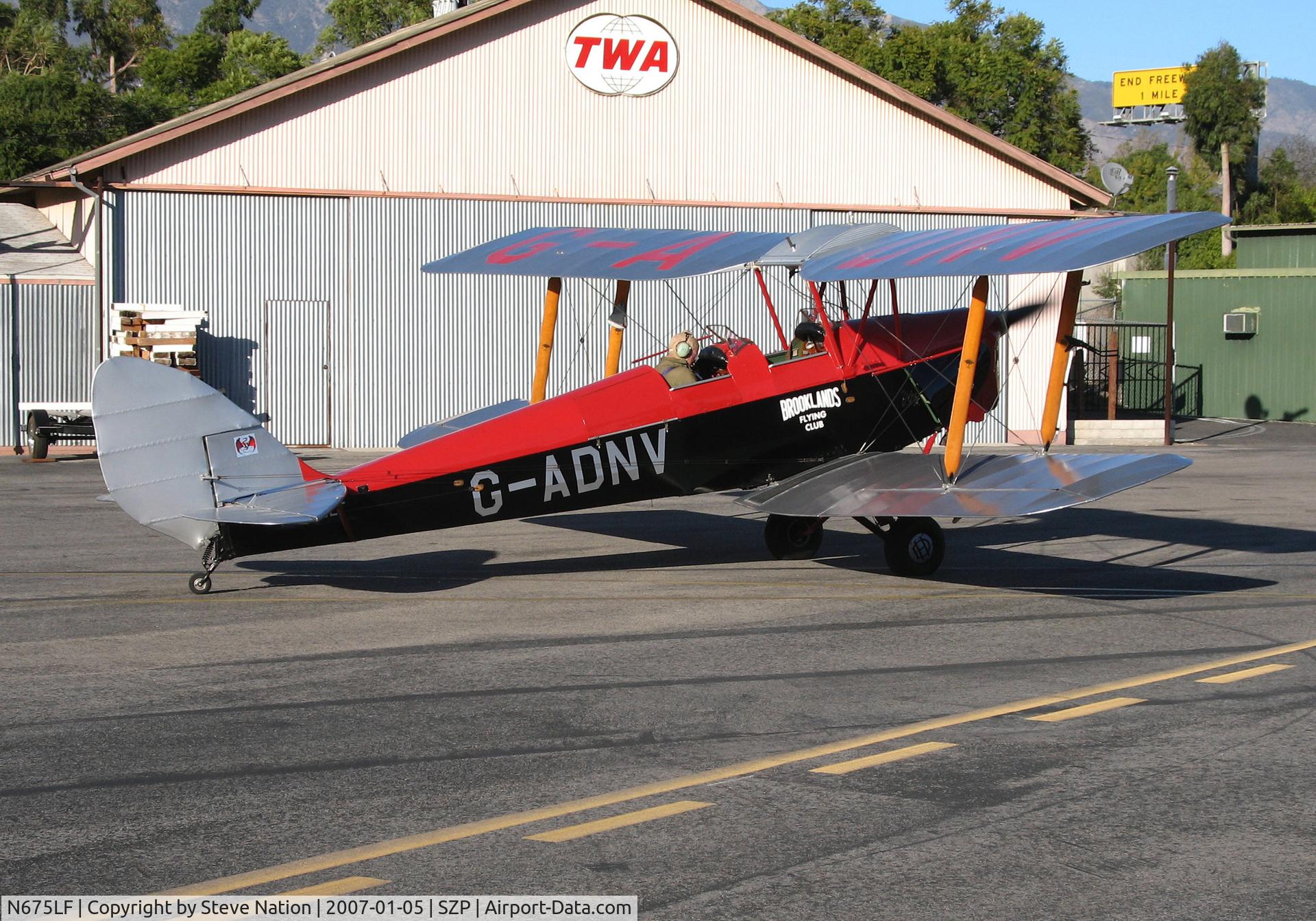 N675LF, 1944 De Havilland DH-82A Tiger Moth II C/N 86572, Locally-Based 1944 DH-82A Tiger Moth also carrying Brooklands Aero Club titles and G-ANDV registration performing engine check @ Santa Paula Airport, CA