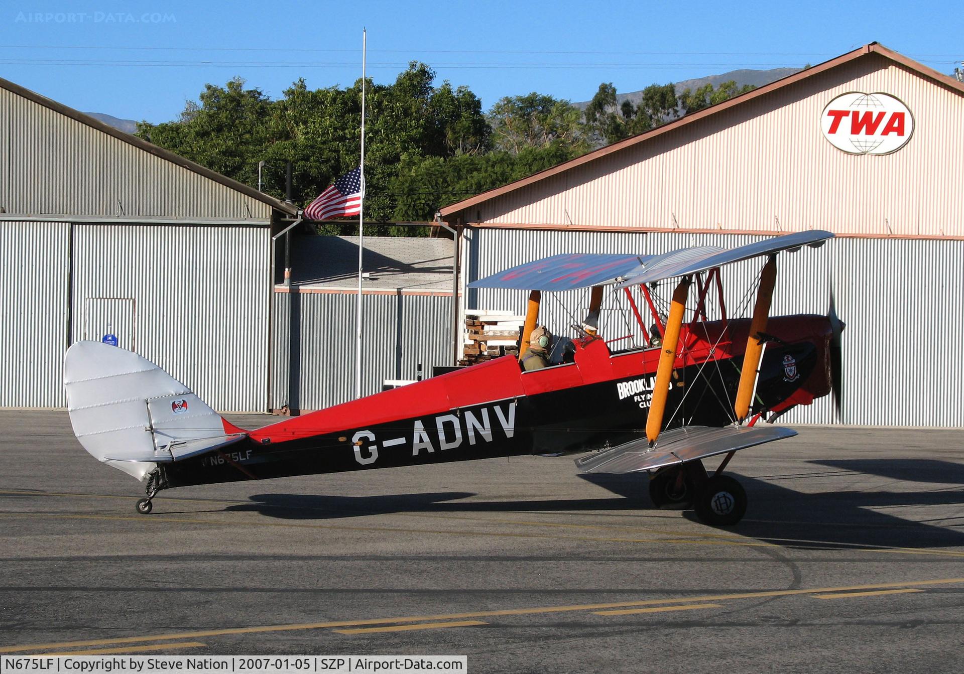 N675LF, 1944 De Havilland DH-82A Tiger Moth II C/N 86572, Locally-Based 1944 DH-82A Tiger Moth also carrying Brooklands Aero Club titles and G-ANDV registration taxiing @ Santa Paula Airport, CA