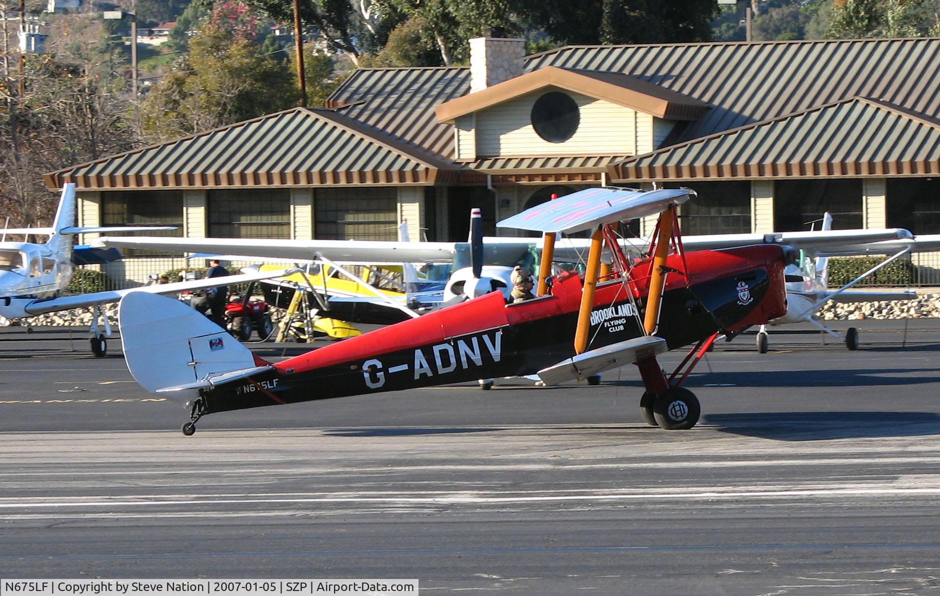 N675LF, 1944 De Havilland DH-82A Tiger Moth II C/N 86572, Locally-Based 1944 DH-82A Tiger Moth also carrying Brooklands Aero Club titles and G-ANDV registration taxiing @ Santa Paula Airport, CA