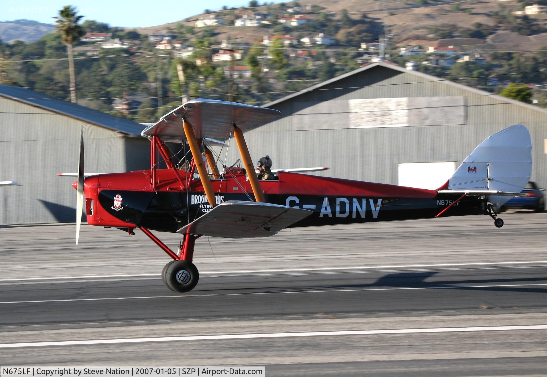 N675LF, 1944 De Havilland DH-82A Tiger Moth II C/N 86572, Locally-Based 1944 DH-82A Tiger Moth also carrying Brooklands Aero Club titles and G-ANDV registration touching down @ Santa Paula Airport, CA